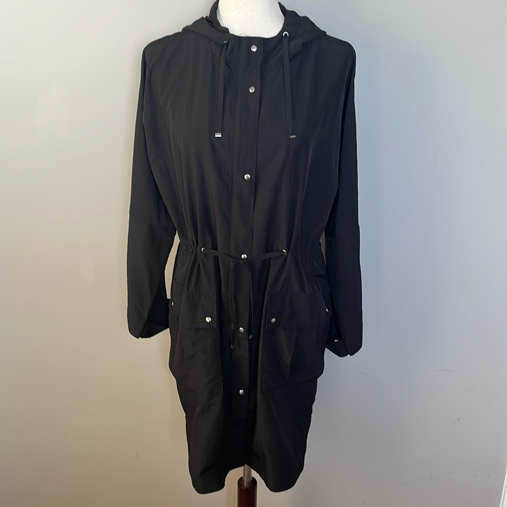 Zara Basic Lightweight Hooded Trench Coat/Raincoat Cinched Waist Black Size XS‎